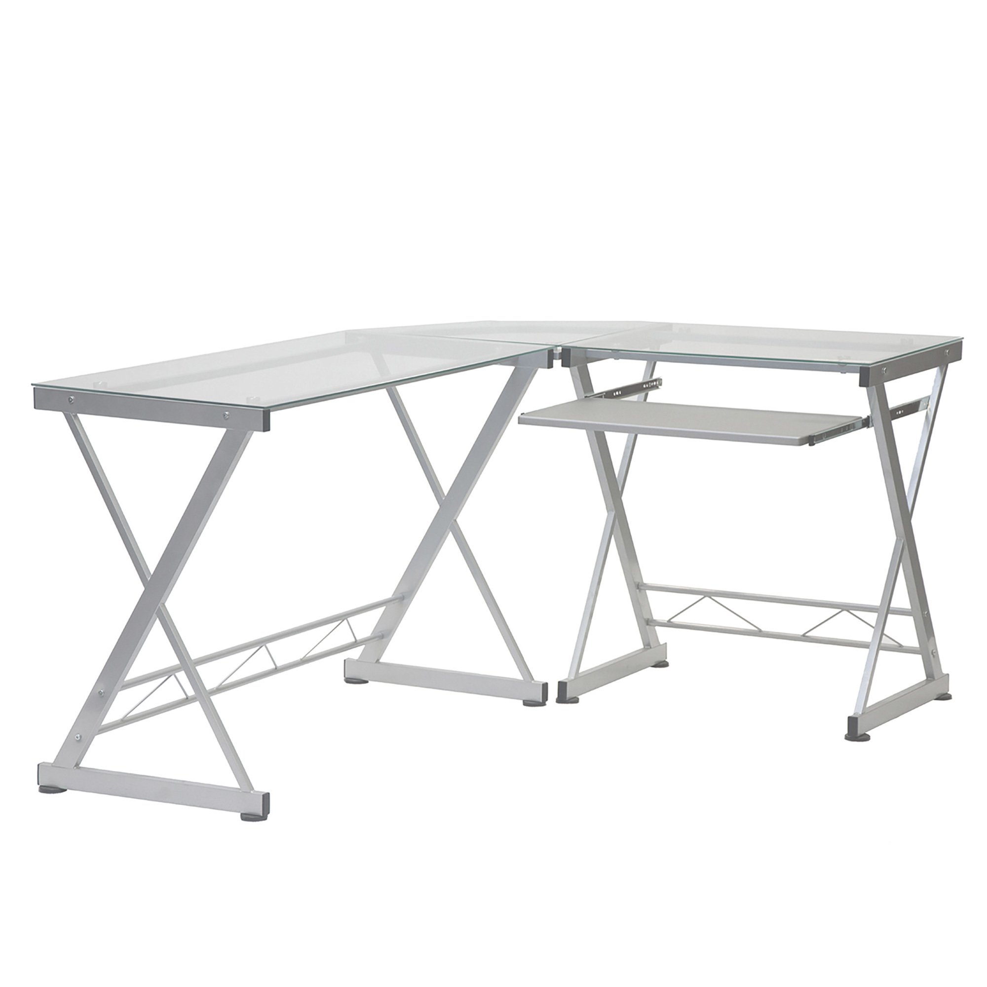 Techni Mobili L-Shaped Reversible Glass Corner Desk — Clear, 45 1/4in.L x 61 3/4in.W x 29 1/2in.H, Model# RTA-3802-GLS